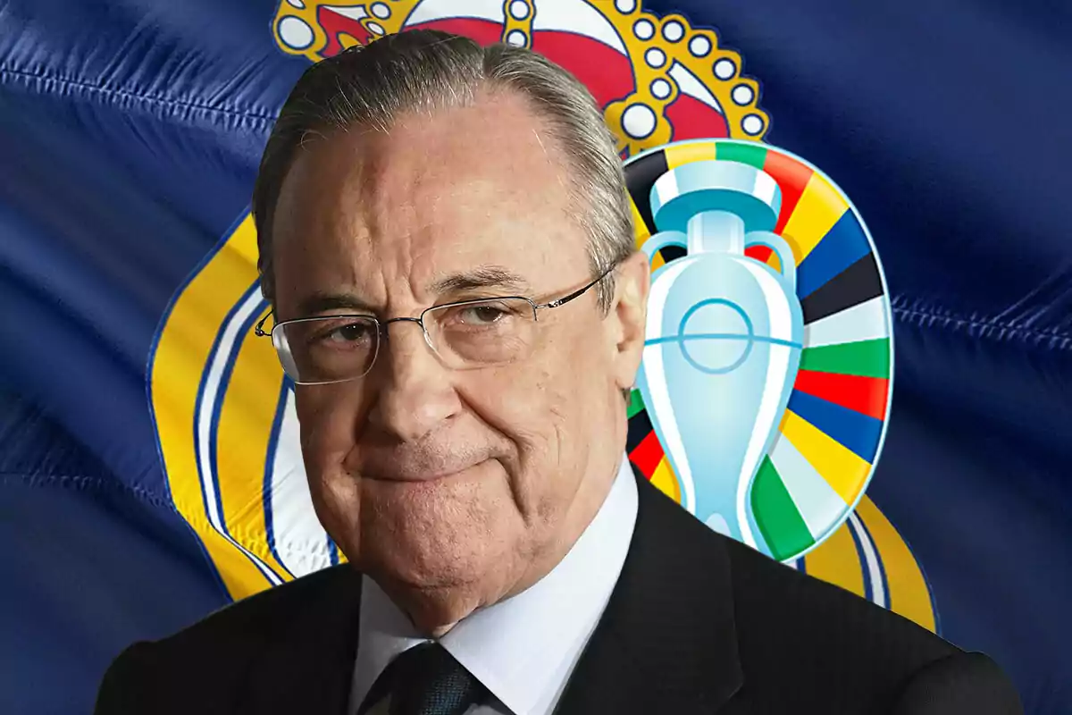 Florentino Pérez frente a una bandera con el escudo del Real Madrid.