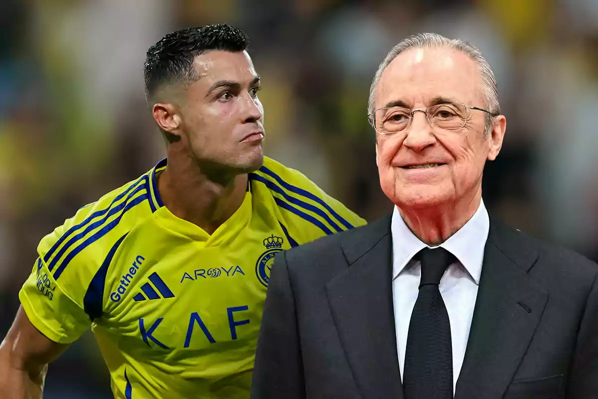 Cristiano Ronaldo con uniforme amarillo y azul está al lado de Florentino Pérez con traje y corbata.