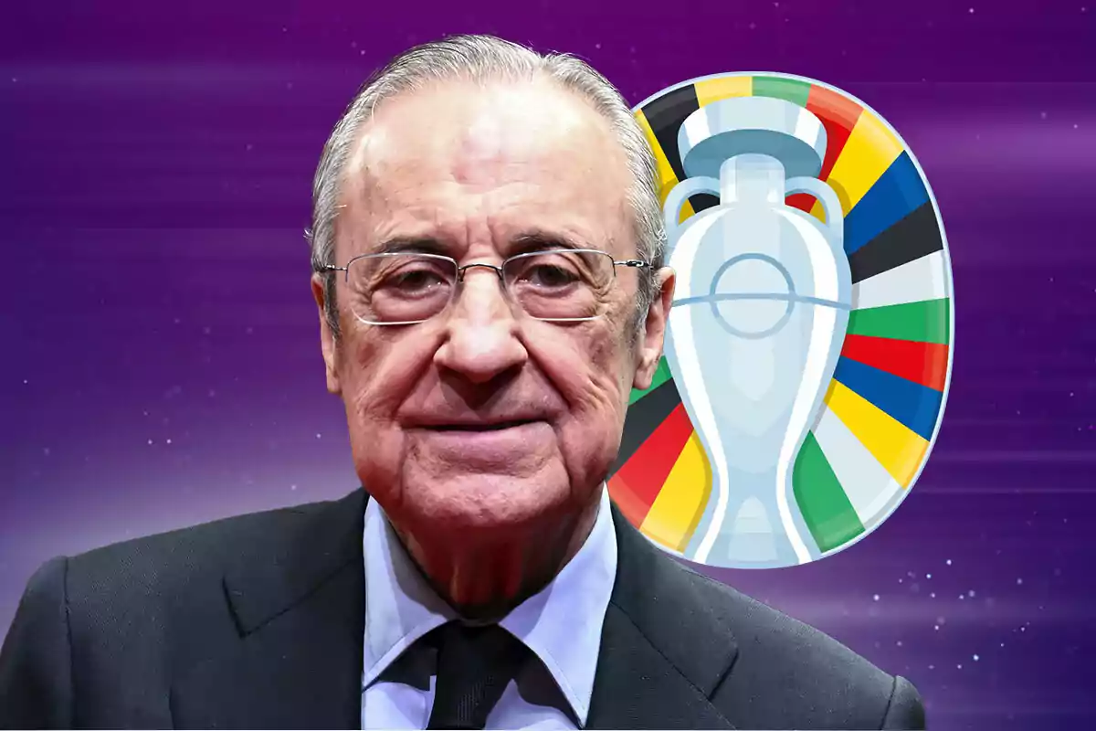 Florentino sonríe, detrás el logo de la Eurocopa