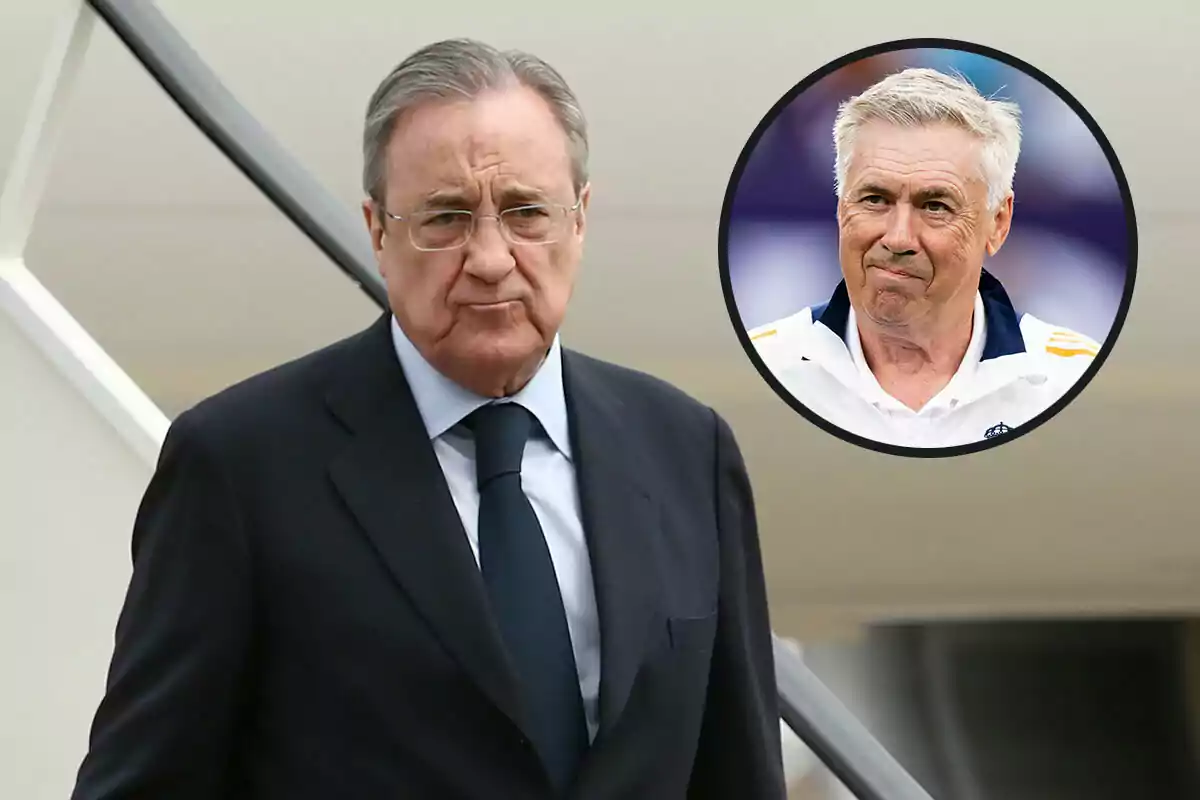 Florentino Pérez con traje oscuro y corbata azul oscuro, con expresión seria, bajando de un avión; en la esquina superior derecha, un recuadro circular muestra a Carlo Ancelotti con expresión neutral, vestido con una chaqueta deportiva del Real Madrid.