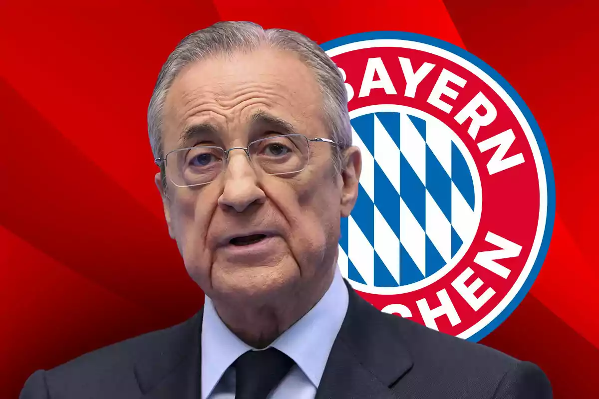 Florentino Pérez frente al logo del Bayern de Múnich sobre un fondo rojo.