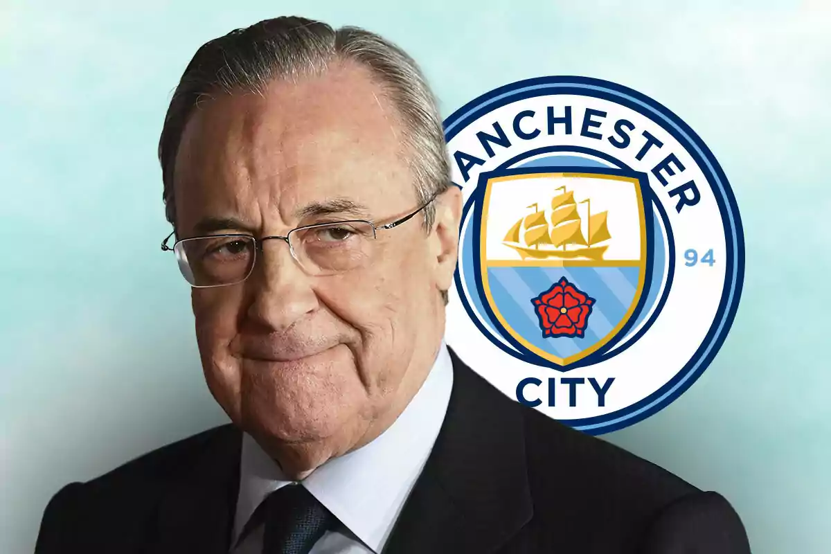 Florentino Pérez frente al logo del Manchester City.