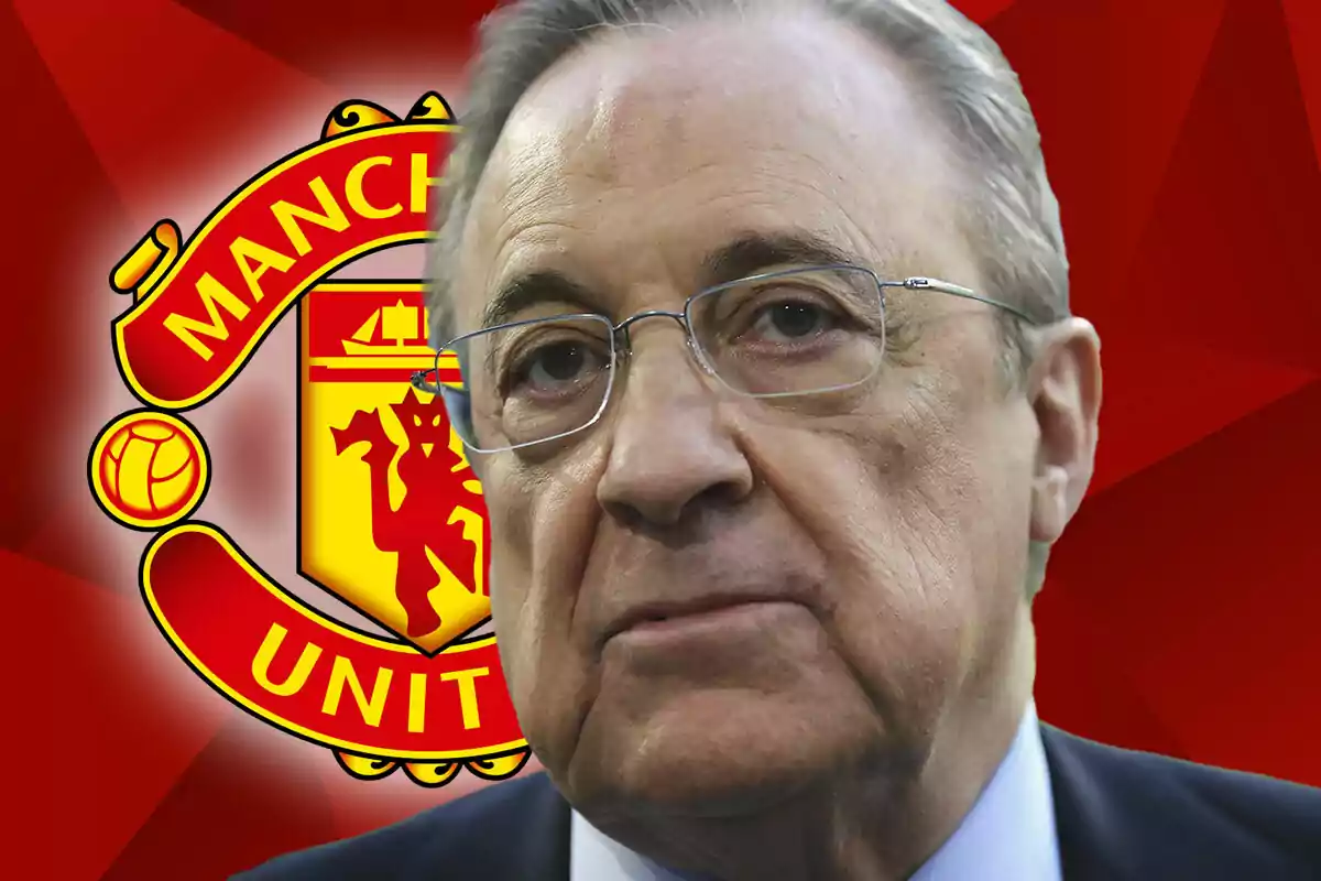 Florentino Pérez frente al logo del Manchester United sobre un fondo rojo.