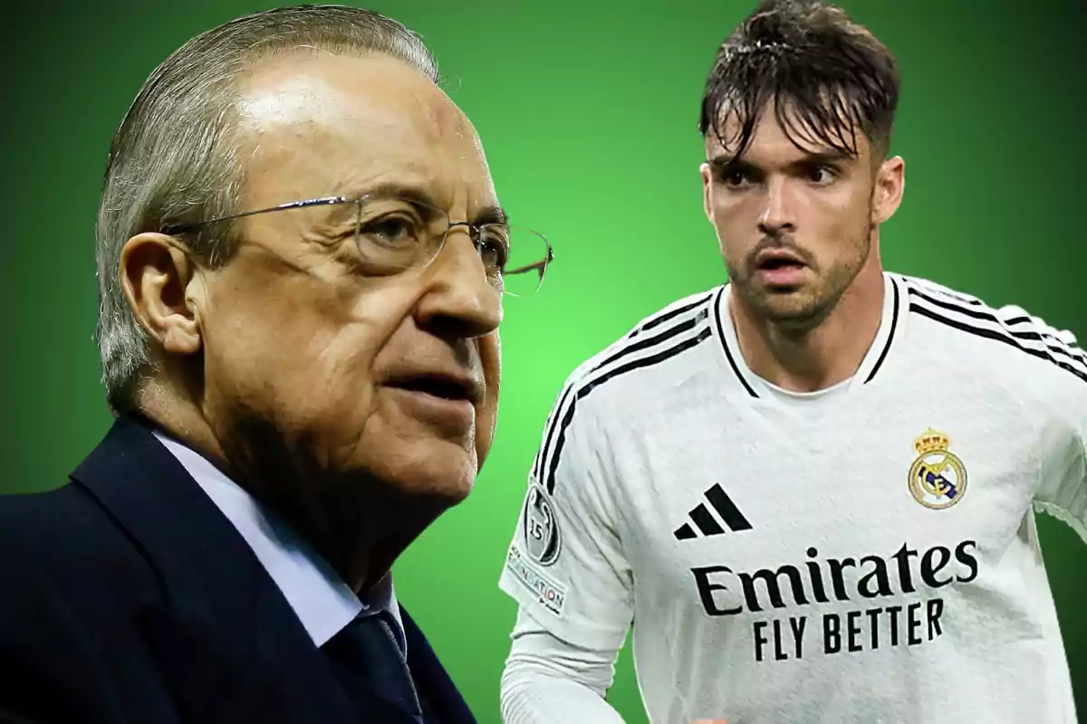 An older man with glasses and a player in a white Real Madrid uniform against a green background.
