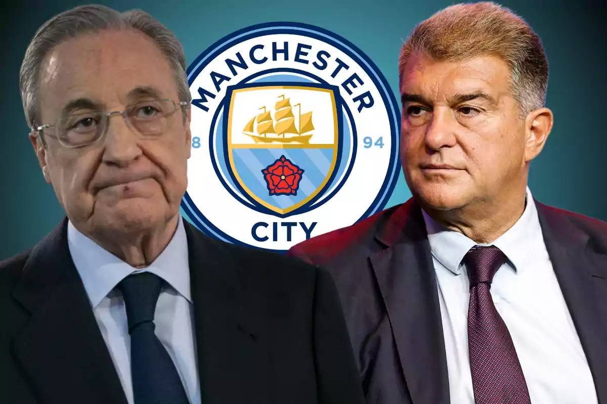 Two men in suits in front of the Manchester City logo.