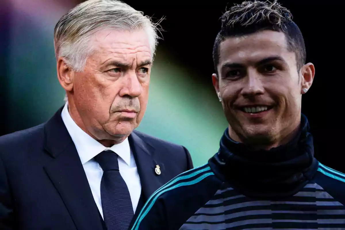 Two men, one in a suit and the other in sportswear, pose together against a dark background.