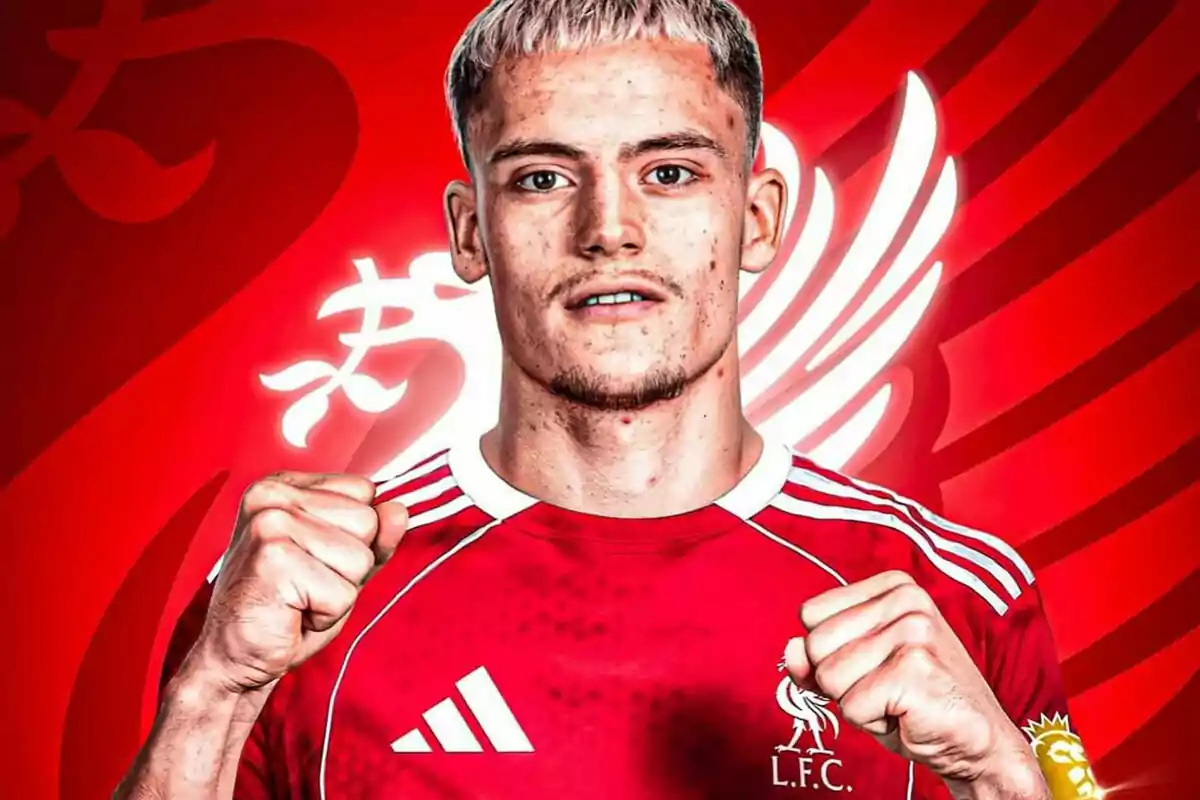 A player in a red uniform with a background featuring wing designs. A player in a red uniform with a background featuring wing designs.
