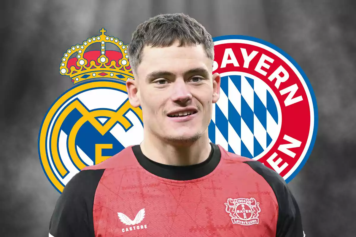 A player wearing the Bayer Leverkusen jersey appears in front of the crests of Real Madrid and Bayern Munich.