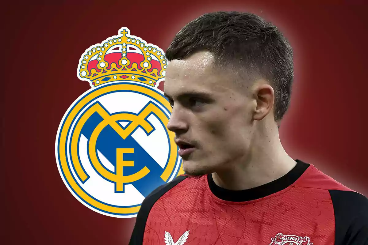 A player in a red jersey appears in front of the Real Madrid crest against a dark background.