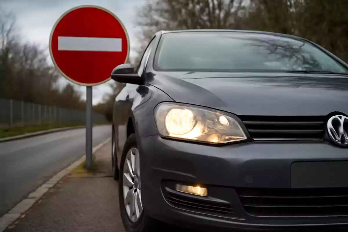 Automóvil gris detenido junto a una señal de tránsito de sentido prohibido en una carretera