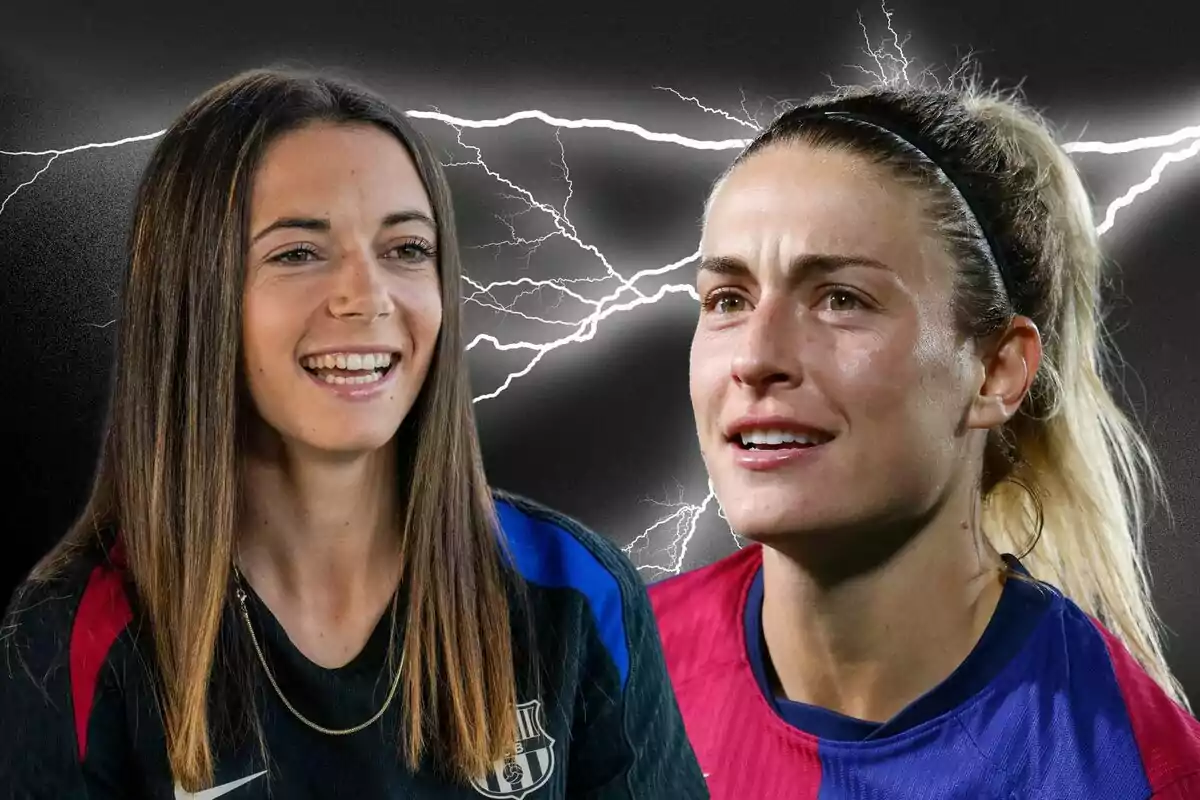 Two women wearing FC Barcelona sports jerseys pose in front of a dark background with lightning. Two women wearing FC Barcelona sports jerseys pose in front of a dark background with lightning.