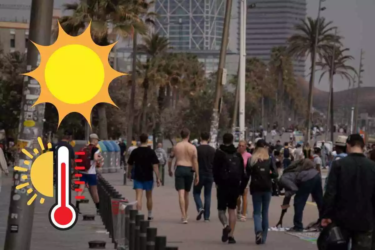 Fotomontaje de varias personas andando en un clima de calor y al frente un sol y un termómetro de temperaturas altas Fotomontaje de varias personas andando en un clima de calor y al frente un sol y un termómetro de temperaturas altas