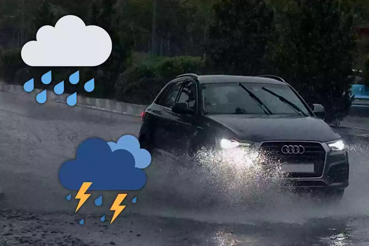 Fotomontaje con un fondo de un coche en una carretera con lluvia y dos emojis al frente de lluvia y tormenta