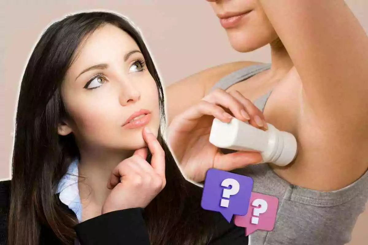 Thoughtful woman next to an image of someone applying deodorant with question mark icons.