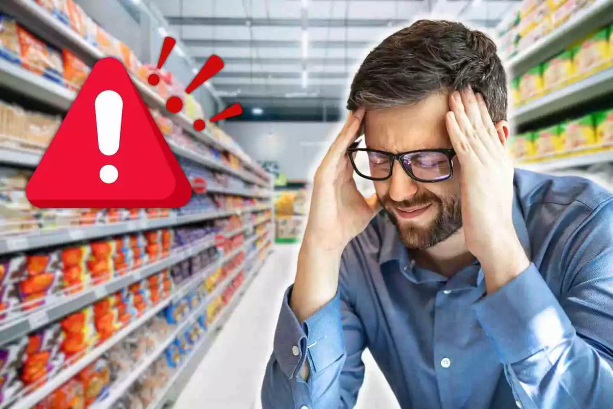 Man with a stressed expression in a supermarket aisle with a red warning icon.