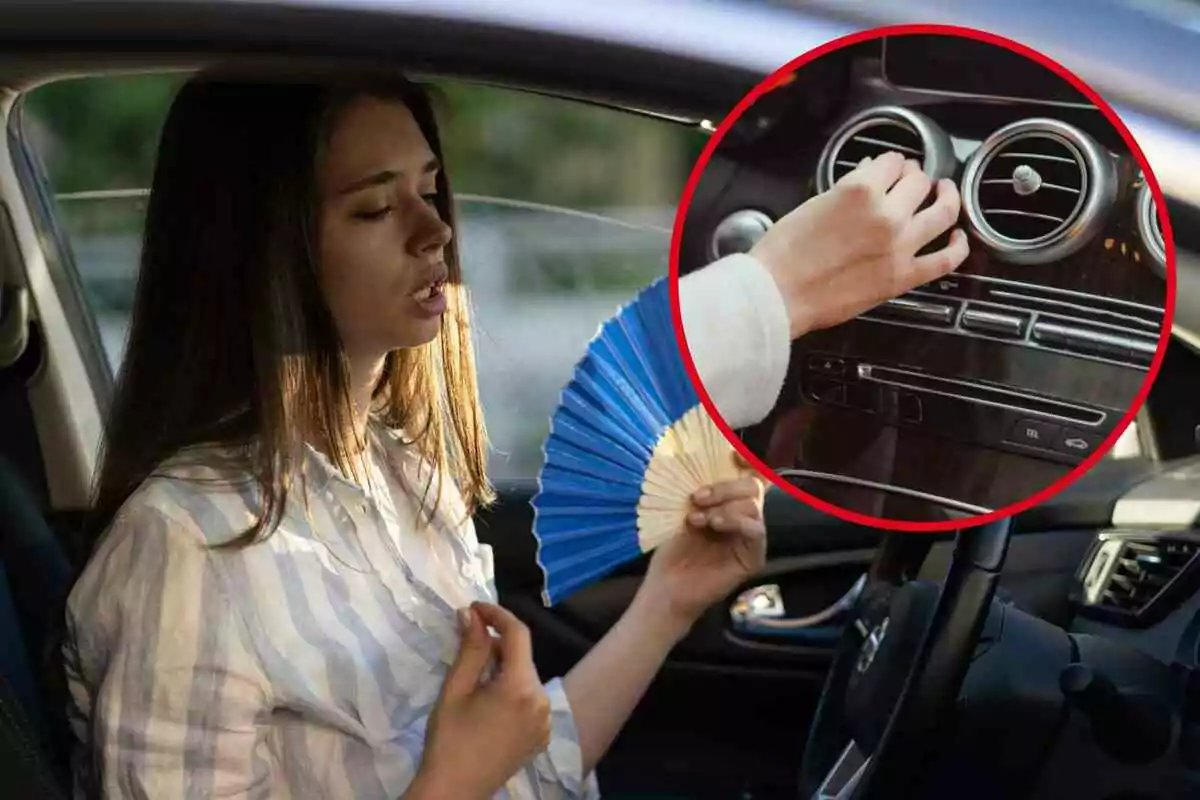 Photomontage of a woman fanning herself inside a car and a red round with the car's air conditioning