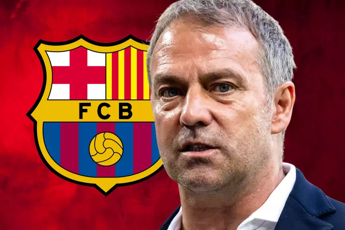 The German coach Hansi Flick, next to a background photo in which the logo of FC Barcelona appears, the club he will coach after the departure of Xavi Hernández.