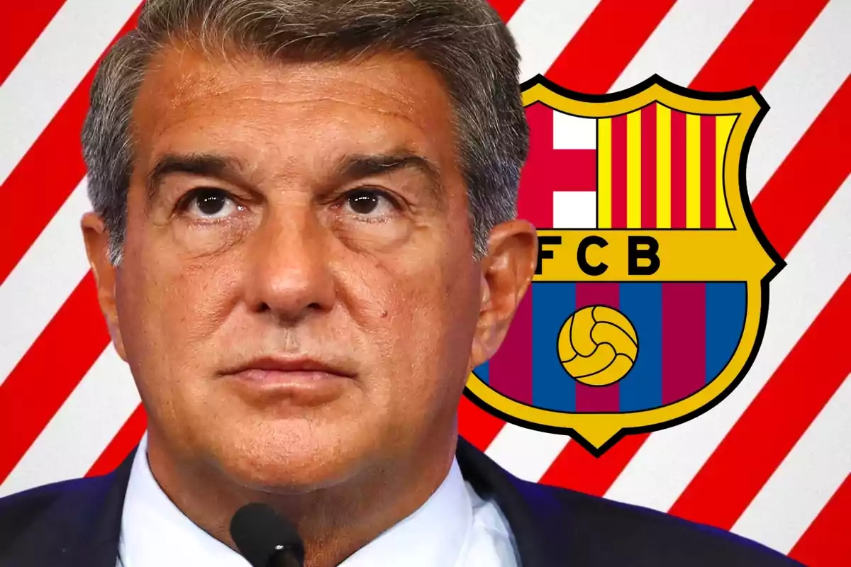 The president of Barça, Joan Laporta, in the foreground next to a photo in which the shield of FC Barcelona can be seen, the club he represents as president.