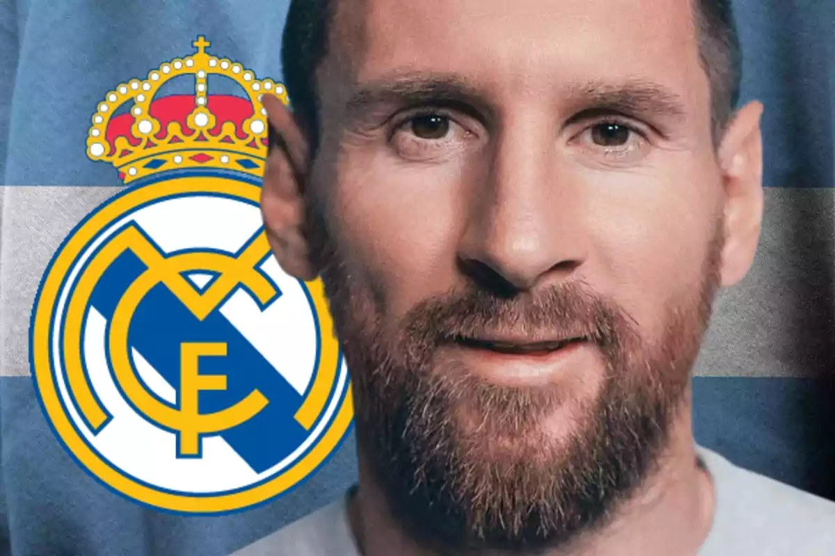 Messi en primer plano con el escudo del Real Madrid a su lado delante de una bandera de Argentina