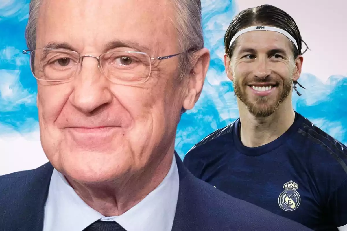 Florentino Pérez en primer plano con Sergio Ramos al fondo con la camiseta del Real Madrid