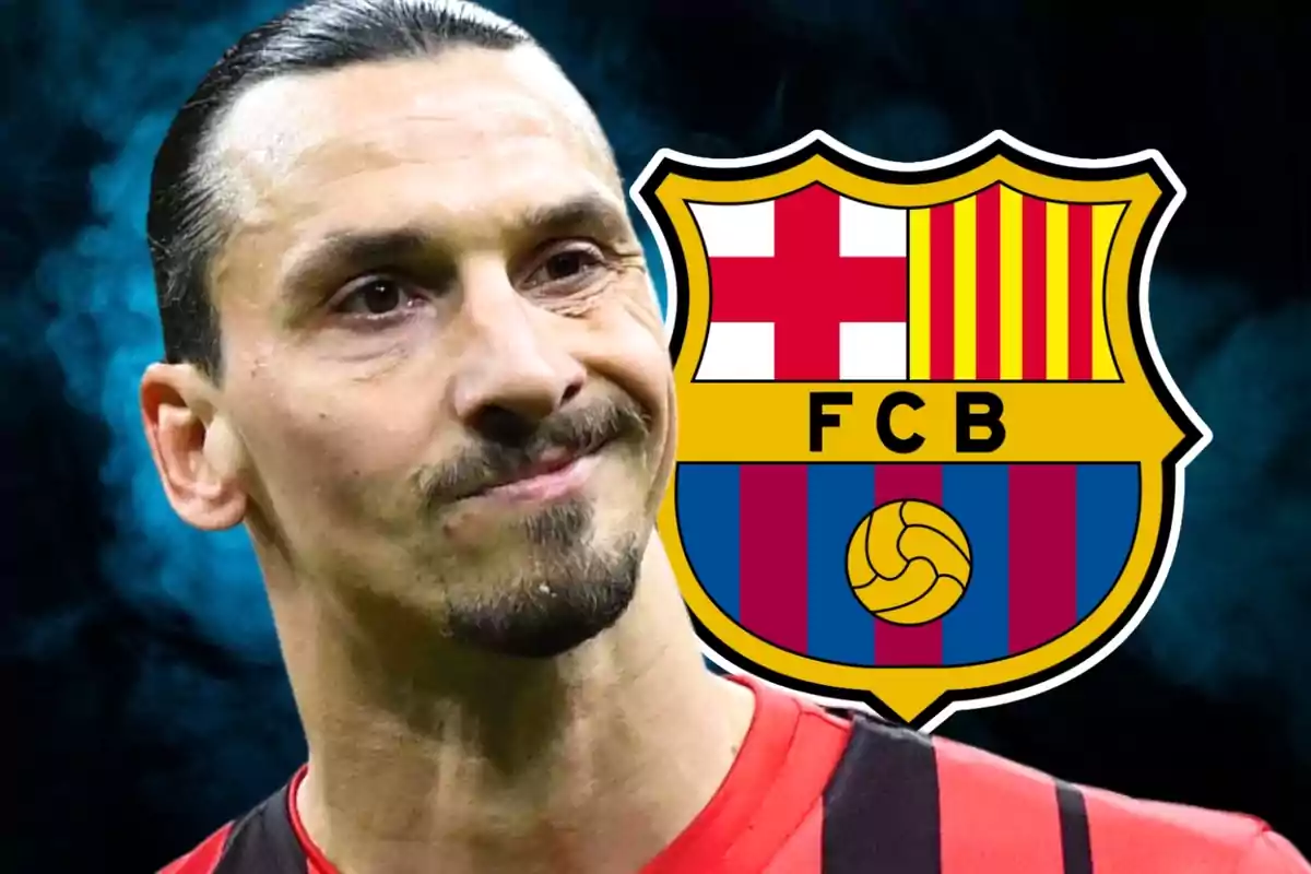 El delantero centro Zlatan Ibrahimovic, en primer plano junto a una foto en la que sale el escudo del FC Barcelona.