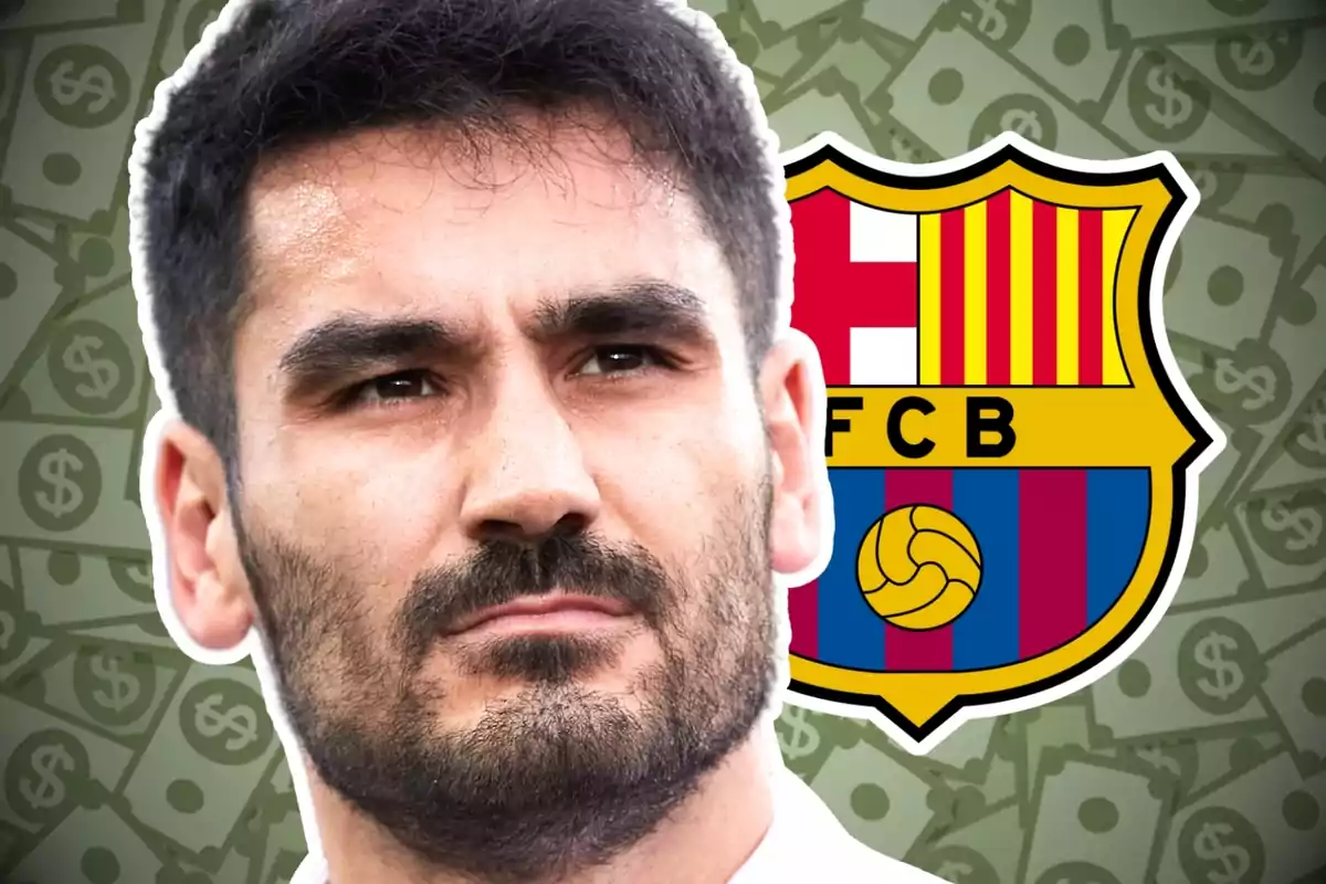 Un hombre con barba y cabello oscuro aparece en primer plano, con el escudo del FC Barcelona y un fondo de billetes de dólar detrás de él.