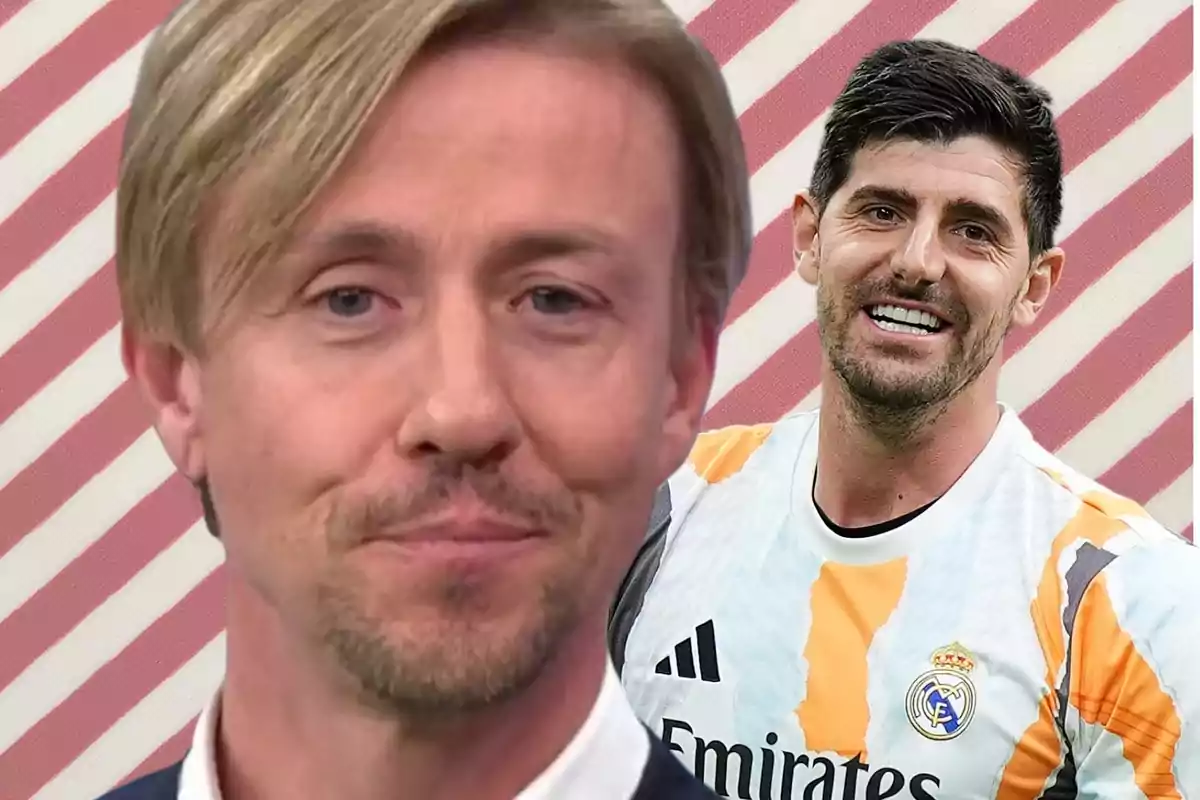 Two men smile in front of a background with red and white diagonal stripes, one is wearing a Real Madrid soccer jersey.