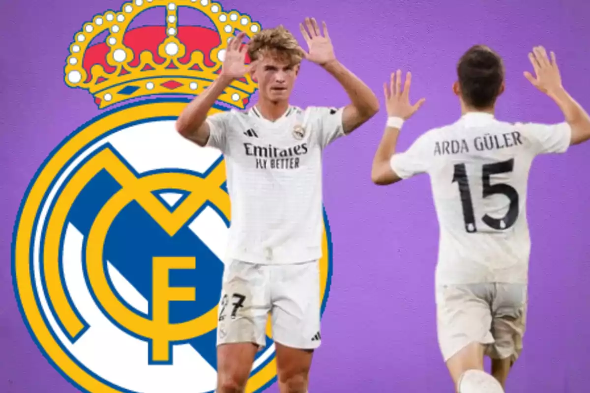 Nico paz y Arda guler en el real madrid con un fondo lila y el escudo del real madrid