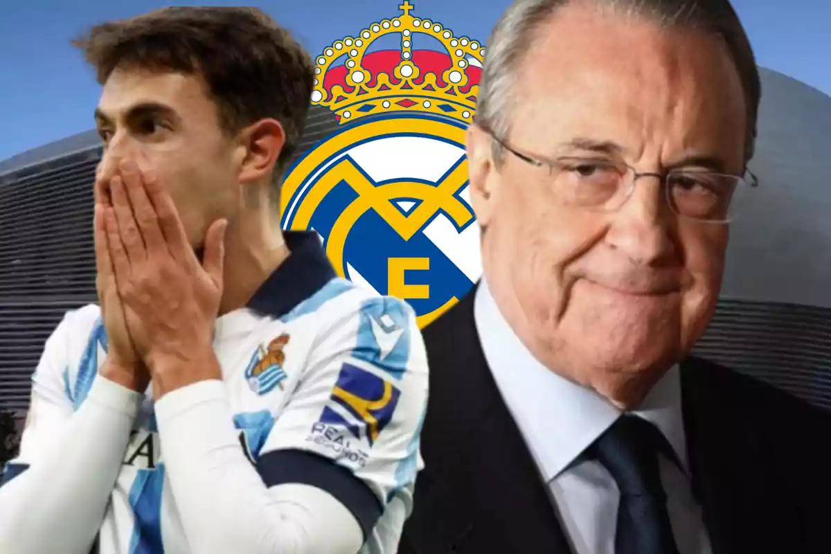 A soccer player with his hands on his face and an older man with glasses, both in front of the Real Madrid crest.