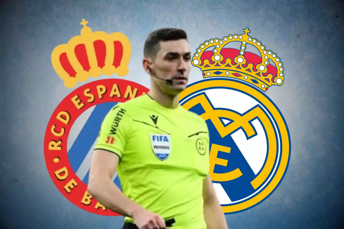 A soccer referee in a yellow uniform appears in front of the crests of RCD Espanyol and Real Madrid.