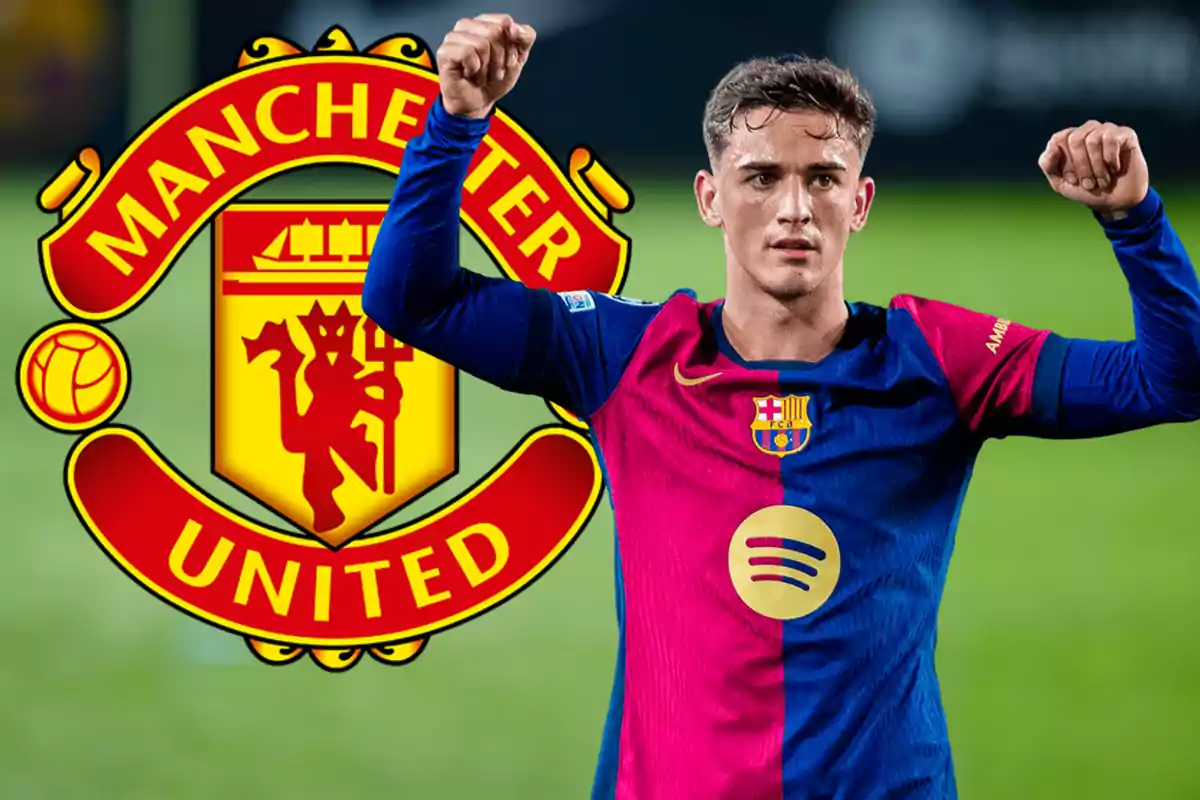 A player in the FC Barcelona uniform raises his arms in front of the Manchester United crest.