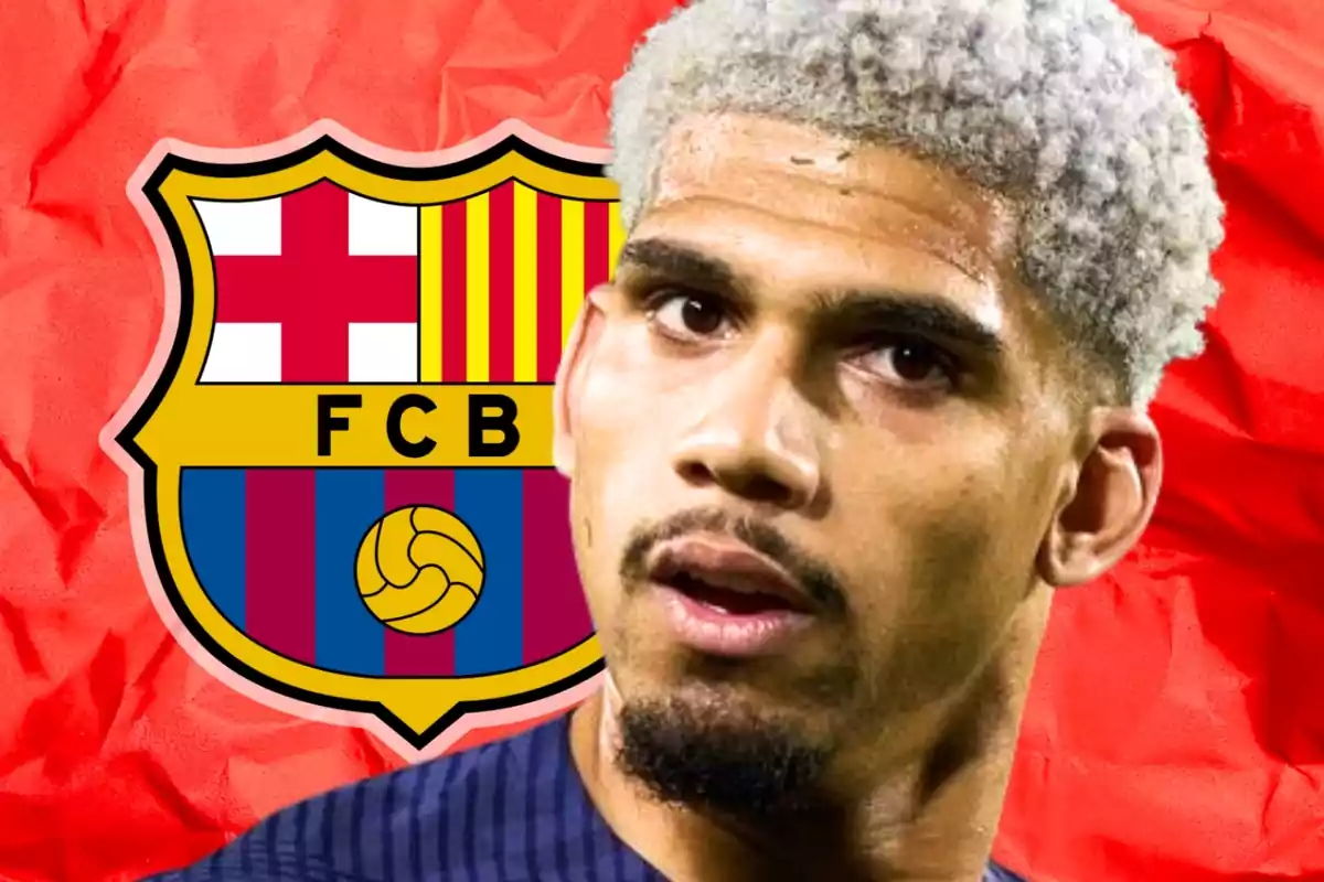 A soccer player with blonde hair and a beard in front of the FC Barcelona shield on a red background.