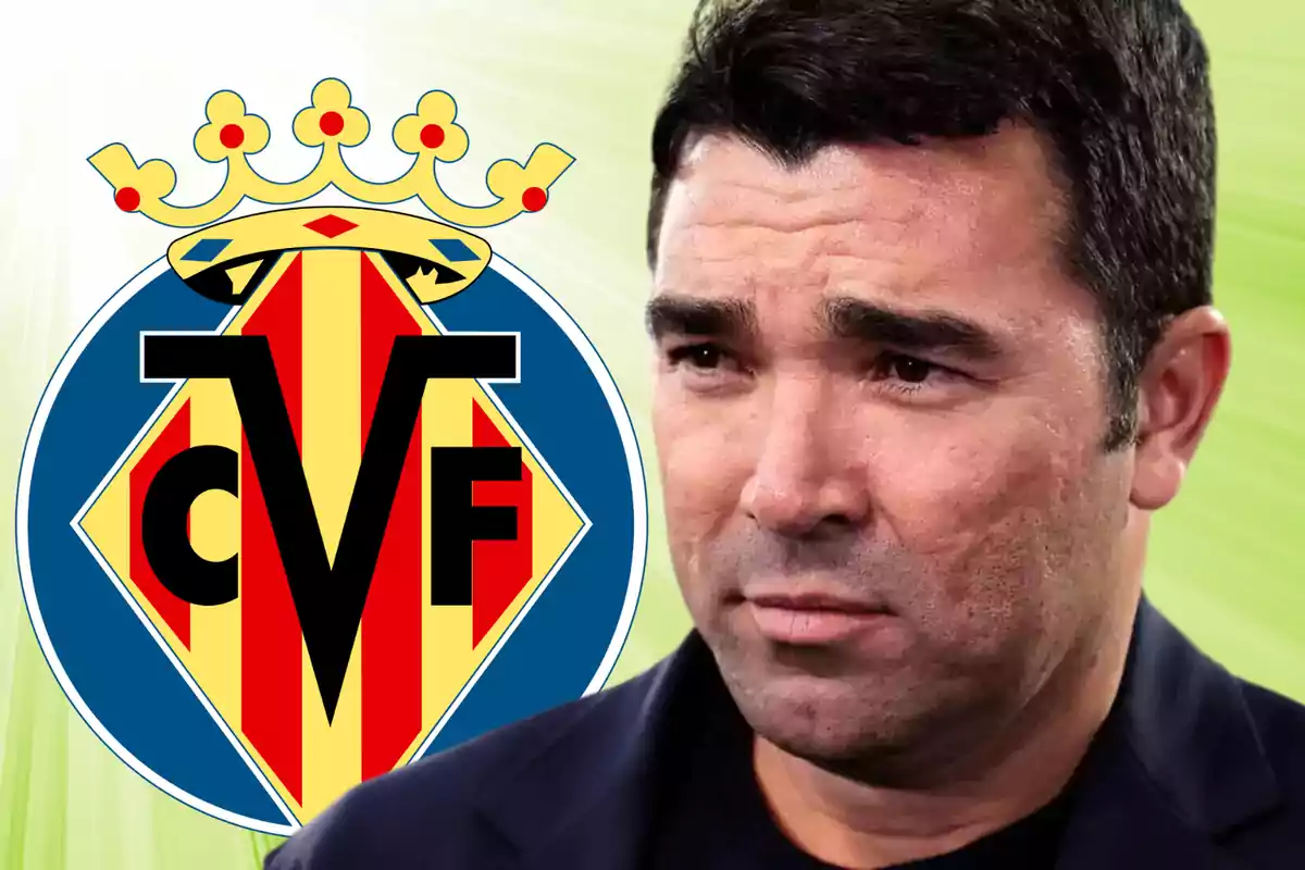 A man with a serious expression in front of the Villarreal CF logo.