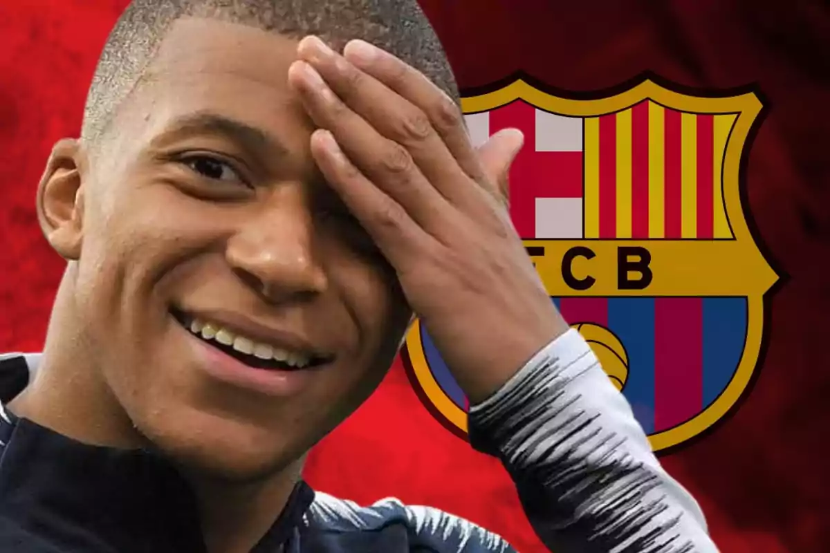 Kylian Mbappé with his hand on his head and the Barça shield in the background