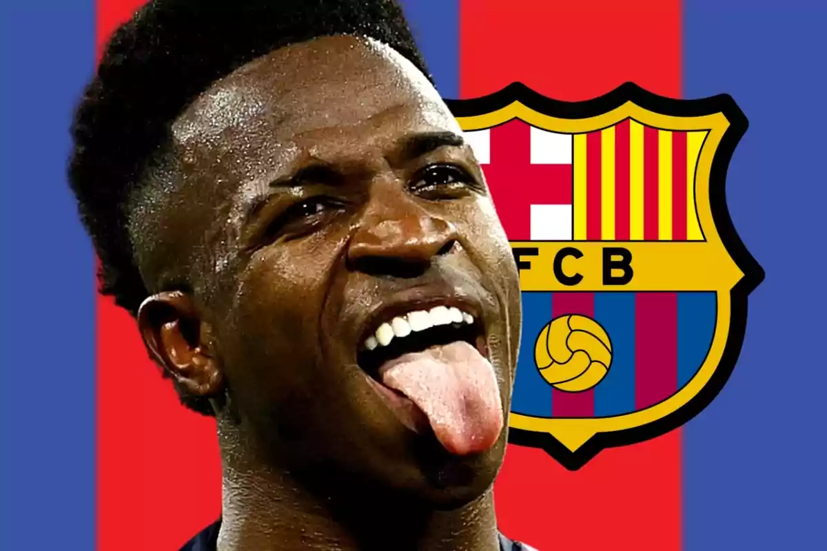 A football player sticking out his tongue with the FC Barcelona crest in the background.