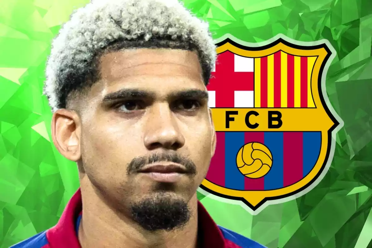 A soccer player with blonde hair and a beard in front of the FC Barcelona shield on a green background.