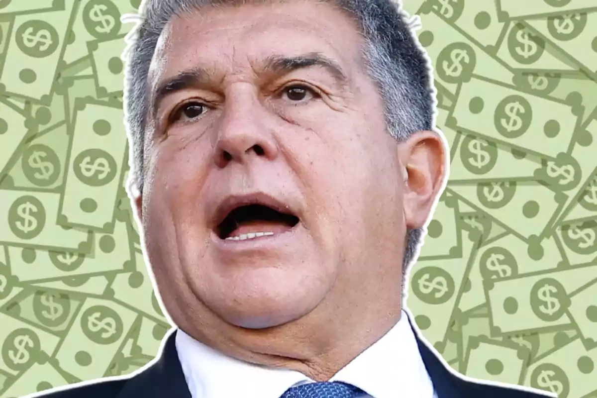 Joan Laporta with serious expression, background of green bills with dollar symbols.