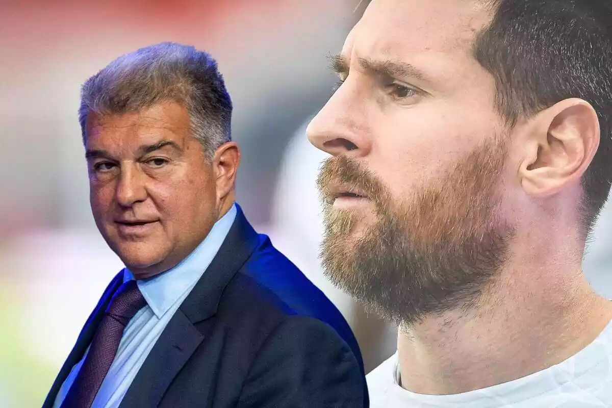 Montaje de Messi en primer plano de fondo mirando a Laporta con cara seria