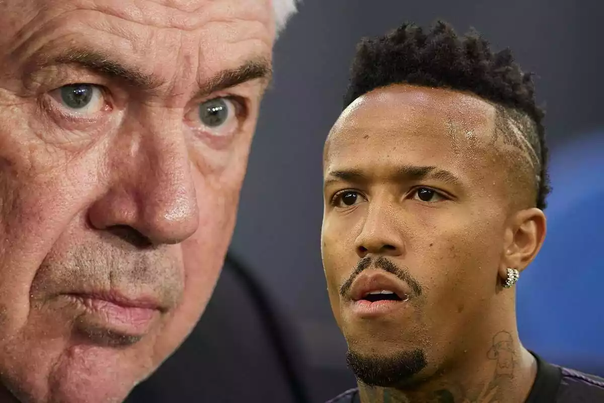 Montaje de Carlo Ancelotti mirando seriamente a Éder Militao