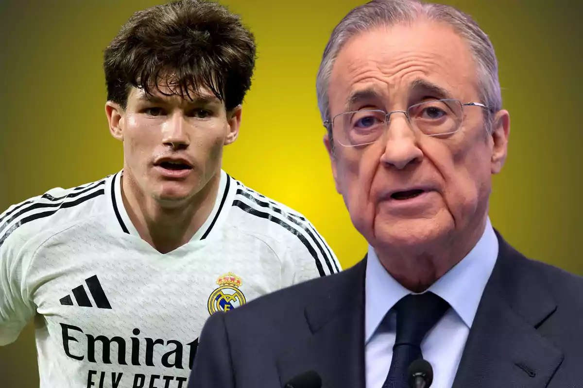 Un jugador del Real Madrid con el uniforme blanco junto a un hombre mayor con gafas y traje sobre un fondo amarillo difuminado