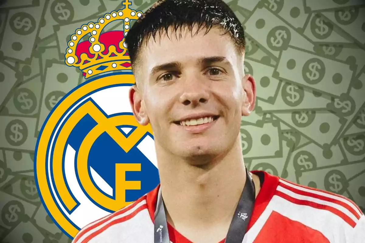 Joven futbolista sonriente con camiseta de River Plate frente al escudo del Real Madrid y un fondo de billetes de dinero