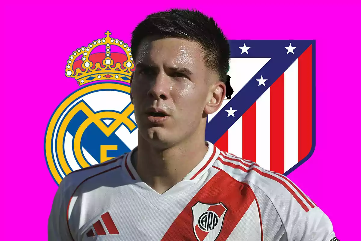Futbolista de River Plate con fondo de los escudos de Real Madrid y Atlético de Madrid sobre un color rosa brillante