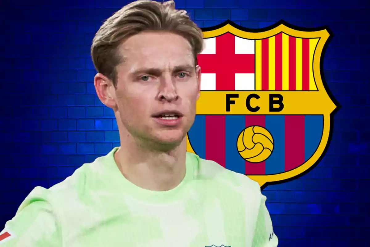 A player in a light jersey in front of the FC Barcelona crest against a blue background.