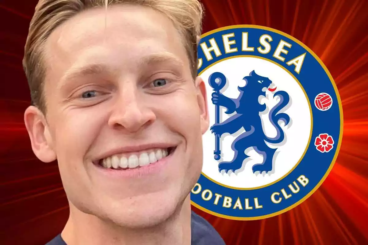 Frenkie De Jong con una gran sonrisa al lado del escudo del Chelsea y un fondo rojo