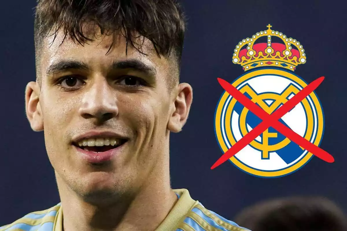 Gabri Veiga junto al escudo del Real Madrid tachado Gabri Veiga junto al escudo del Real Madrid tachado