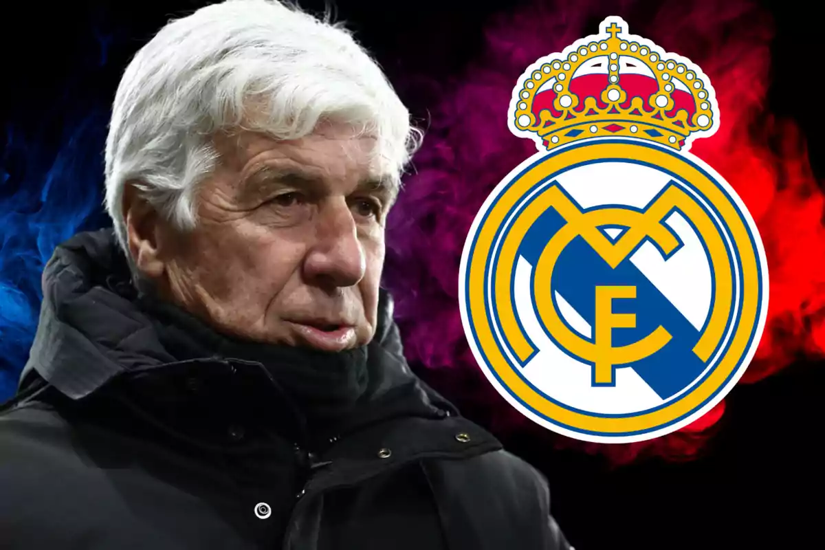 Un hombre mayor con cabello blanco y chaqueta oscura junto al escudo del Real Madrid sobre un fondo de humo de colores.