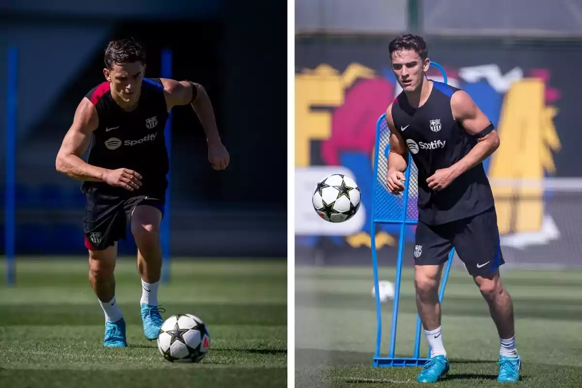 Two footballers training on a football field wearing FC Barcelona uniforms.