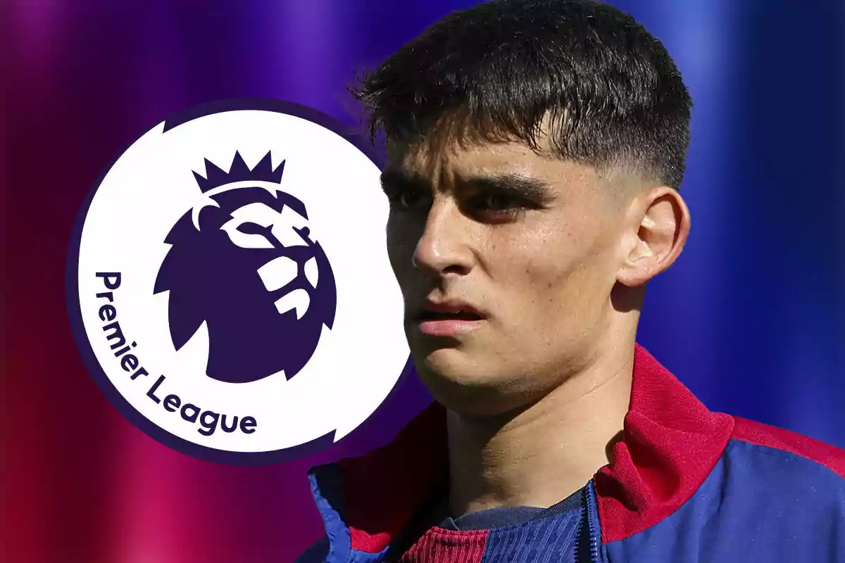 Joven futbolista con chaqueta azul y roja junto al logo de la Premier League sobre un fondo degradado en tonos morados y azules