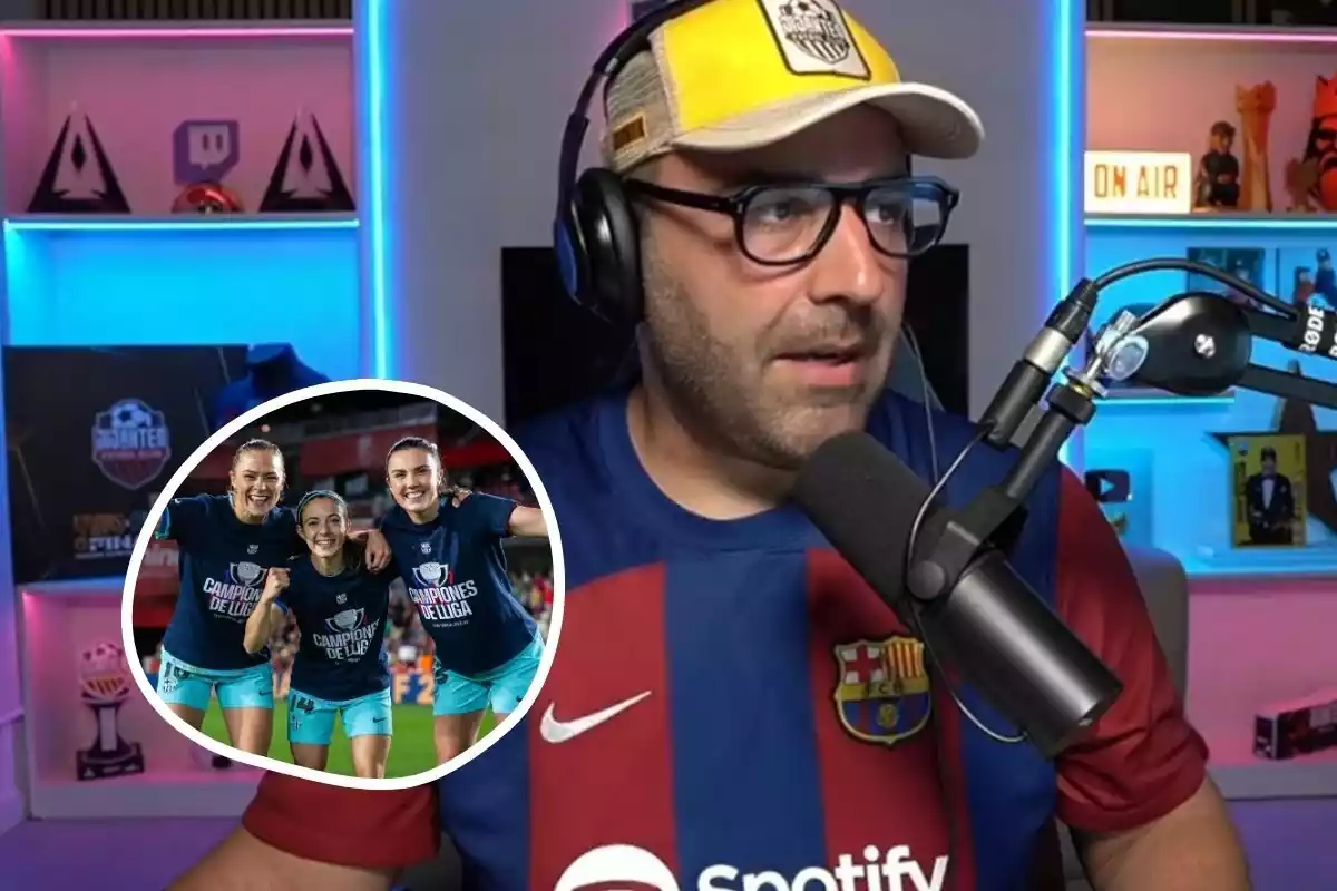 Gerard Romero en su stream; a la izquierda, las jugadoras del Barça celebrando