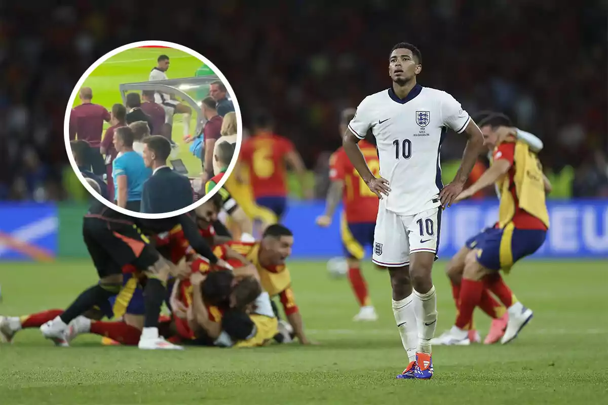 Jude Bellingham con el uniforme de Inglaterra, con el número 10, se encuentra en el campo con las manos en la cintura mientras jugadores de España celebran en el fondo; en un recuadro se muestra una escena de la banca con personas de pie.